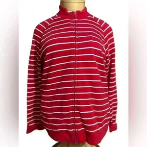 Talbots Knit Striped Full Zip Womens Cardigan XL Red White Pockets Long Sleeve